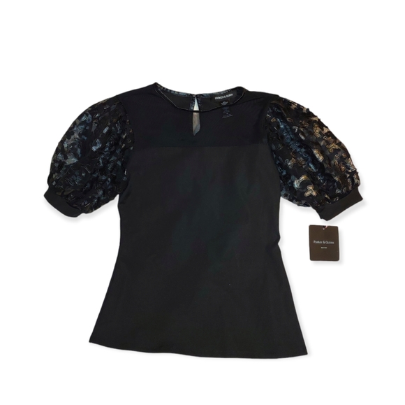 Parker & Quinn Tops - NWT Parker & Quinn Faux Leather Puff Sleeve Mesh Top Size Medium